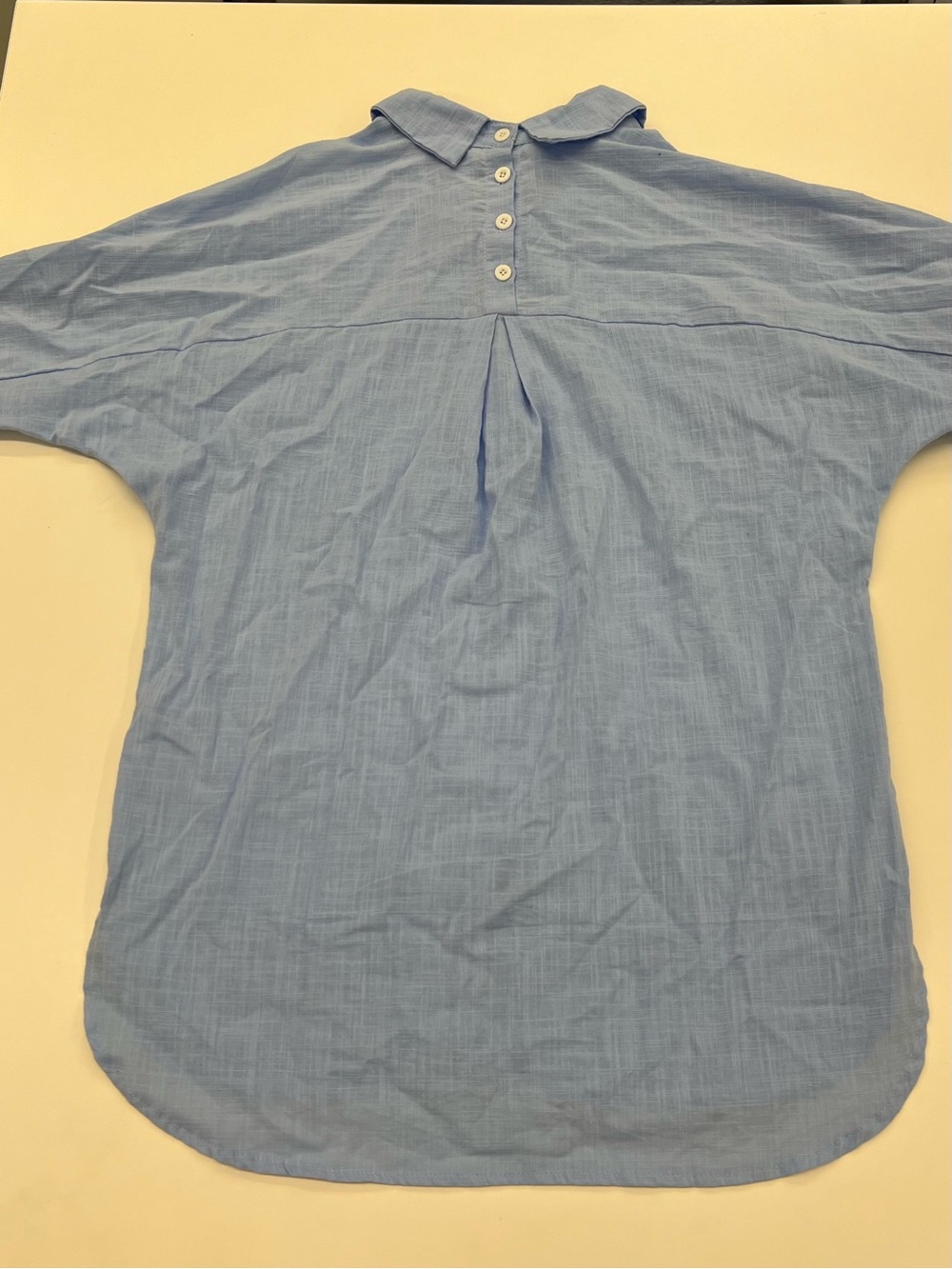 Blue Linen Drop Shoulder Tunic Button Down with Back Button Detail - Picture 3 of 4
